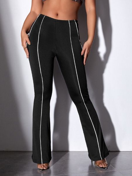 contrast piping flare leg pants u3ie#, Black;white