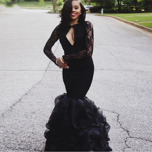 black mermaid prom dresses lace long sleeve hollow neck ruffles tiered skirt evening dress formal occasion party gowns 2021
black mermaid prom dresses lace long sleeve hollow neck ruffles tiered skirt evening dress formal occasion party gowns 2021