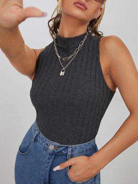 mock neck rib-knit tank p0am#, White