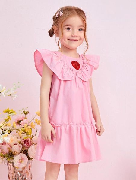toddler girls sequin decor heart patched ruffle trim dress she, Red;yellow 
toddler girls sequin decor heart patched ruffle trim dress she, Red;yellow