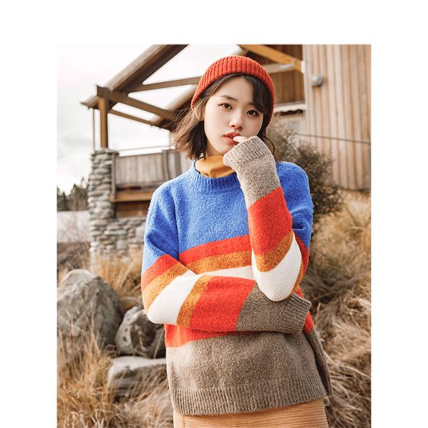 inman winter new arrival female round collar stripe warm loose women pullover sweater c1120, White;black
inman winter new arrival female round collar stripe warm loose women pullover sweater c1120, White;black