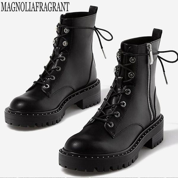 lace up rivets boots women round toe ankle boots for women short plush winter platform shoes botas mujer bota feminina y675, Black