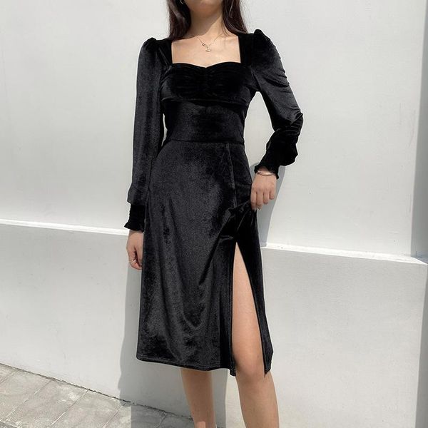 women's vintage long sleeve solid color ruched party dress for ladies slim square neck knee-length dress with side split femme, Black;gray
women's vintage long sleeve solid color ruched party dress for ladies slim square neck knee-length dress with side split femme, Black;gray