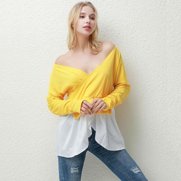 women's t-shirt women casual long sleeves deep-v neck off shoulder irregular stitching fashion autumn clothes 2021 style, White
women's t-shirt women casual long sleeves deep-v neck off shoulder irregular stitching fashion autumn clothes 2021 style, White