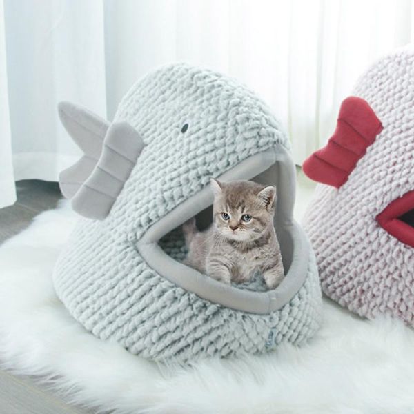 cat beds & furniture semi-enclosed nest velvet four seasons fish-shaped house litter kennel pet soft warm bed for home supplies