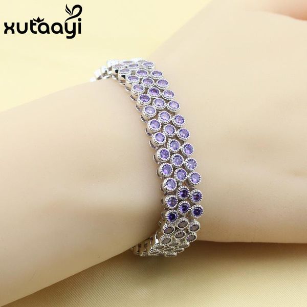 link, chain fashion silver color bracelet for women attractive imitation purple cubic zirconia white cz huge length 17cm, Black
link, chain fashion silver color bracelet for women attractive imitation purple cubic zirconia white cz huge length 17cm, Black