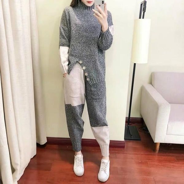 women's tracksuits 2021 knit 2 piece set fall winter women splicing pullover sweater + knitted harem pants suit sporting female y223, Gray
women's tracksuits 2021 knit 2 piece set fall winter women splicing pullover sweater + knitted harem pants suit sporting female y223, Gray