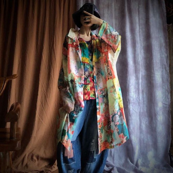 2020 luoguni wash pure ramie digital printing bat sleeve shirt 14321, White