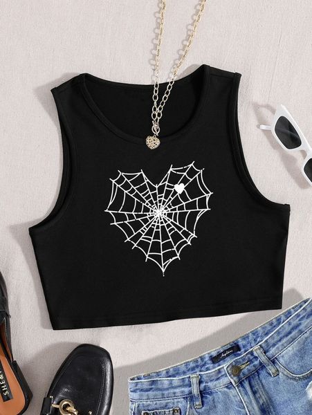 heart and spider web print crop tank u8qt#, White