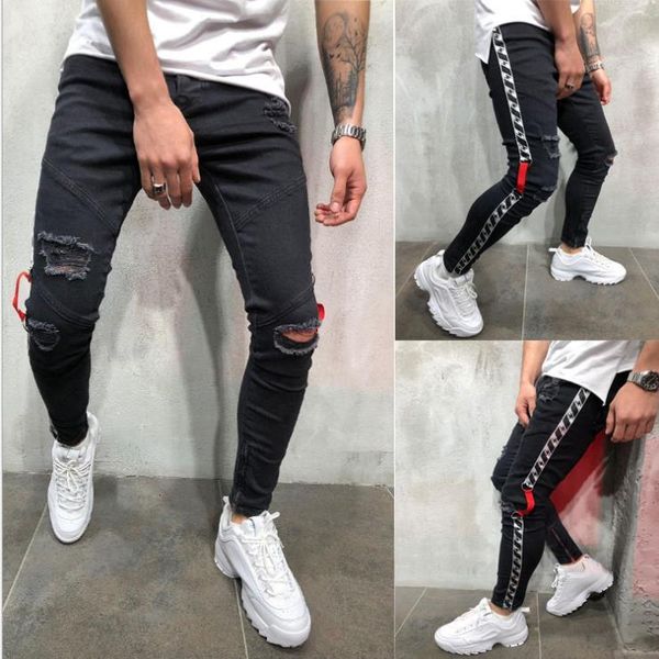 men's small leg jeans with holes, Blue