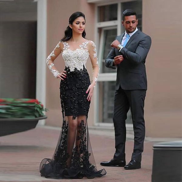 elegant arabic black and white mermaid prom dresses beads lace appliques see through long sleeves formal evening gowns engagement dress
elegant arabic black and white mermaid prom dresses beads lace appliques see through long sleeves formal evening gowns engagement dress