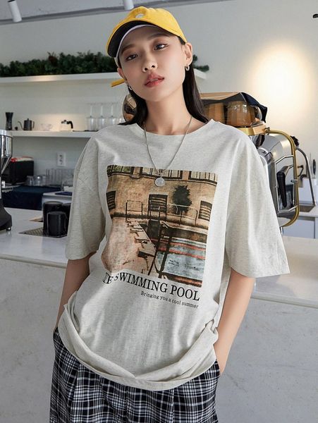 dazy slogan & picture print drop shoulder tee b4gc#, White 
dazy slogan & picture print drop shoulder tee b4gc#, White