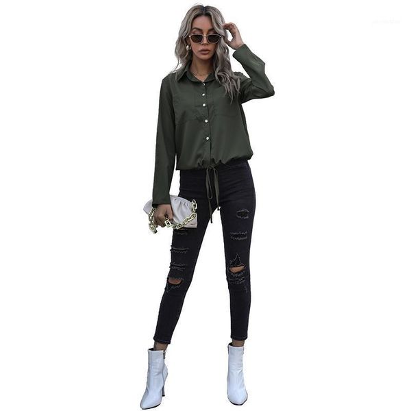 women blouse drawstring hem design 2021 spring new style single breasted turn down collar versatile slim solid long sleeve shirt1, White
women blouse drawstring hem design 2021 spring new style single breasted turn down collar versatile slim solid long sleeve shirt1, White