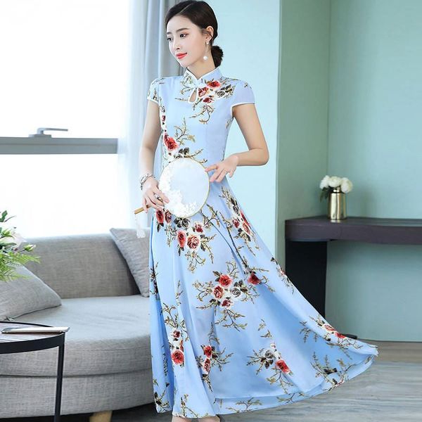 Vintage Summer Floral Print Short Sleeve High Neck Ankle-length A-line Chiffton Sky Blue Pink Party Cocktail Dresses 9139
Vintage Summer Floral Print Short Sleeve High Neck Ankle-length A-line Chiffton Sky Blue Pink Party Cocktail Dresses 9139