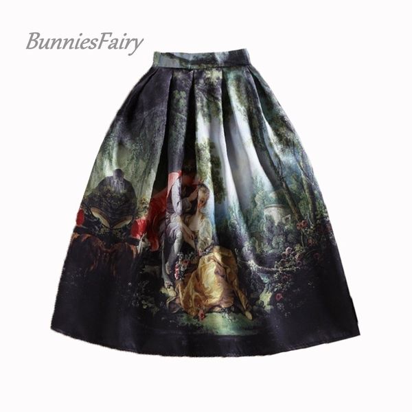 

bunniesfairy 50s princess royal vintage retro fantasy oil painting floral print high waist midi skirt full circle saia femininas y200326, Black