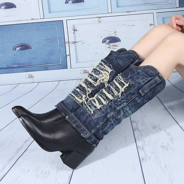autumn winter new style pointed toe sleeve thick heel western denim wash genuine leather denim canvas knight boots long boots1, Black
autumn winter new style pointed toe sleeve thick heel western denim wash genuine leather denim canvas knight boots long boots1, Black