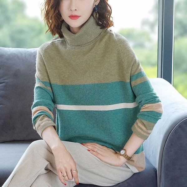color matching sweater women's loose high neck thick sweater women long sleeve commute turtleneck knitted casual pullover, White;black
color matching sweater women's loose high neck thick sweater women long sleeve commute turtleneck knitted casual pullover, White;black