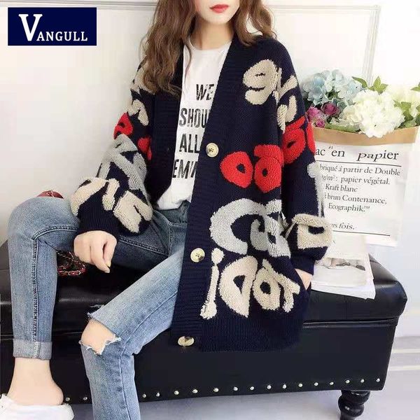 vangull women letter print knit sweater spring autumn new korean long sleeve single breasted thick loose cardigans y200720, White;black 
vangull women letter print knit sweater spring autumn new korean long sleeve single breasted thick loose cardigans y200720, White;black