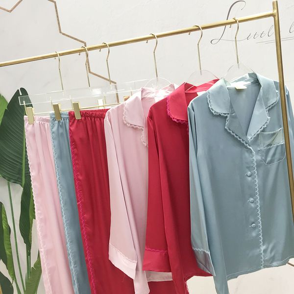 2021 new satin pajamas 2pcs set for women lace shirt&pants silky solid sleepwear casual nightwear pyjamas suit soft homewear, Black;red
2021 new satin pajamas 2pcs set for women lace shirt&pants silky solid sleepwear casual nightwear pyjamas suit soft homewear, Black;red