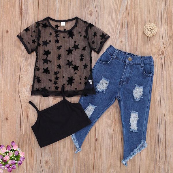 overalls 1-6y kid girlsclothing set girl star lace short sleeve t-shirt+black vest+blue holes denim irregular pants kids clothes, White
overalls 1-6y kid girlsclothing set girl star lace short sleeve t-shirt+black vest+blue holes denim irregular pants kids clothes, White