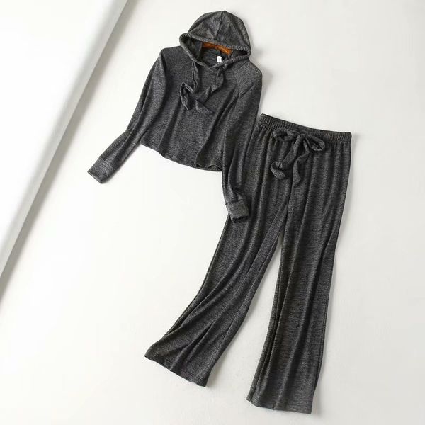 fall 2019 women's high waist hooded short sweater + drawstring slacks running suit, Gray 
fall 2019 women's high waist hooded short sweater + drawstring slacks running suit, Gray