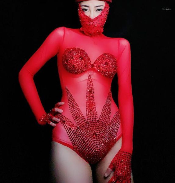 

women red bodysuit full of sparkling crystals costume nightclub party singer dancer stage wear festival celebrate dress dj1, Black;red