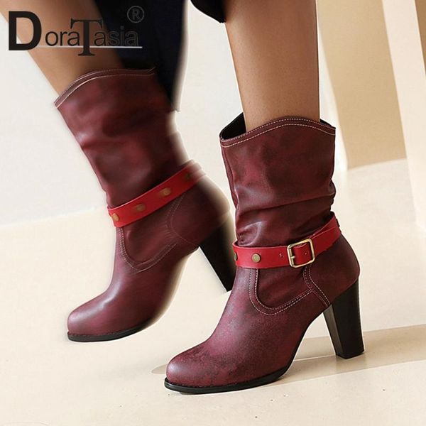 boots doratasia ladies mature high heeled square heels women elegant pleated ankle shoes woman, Black