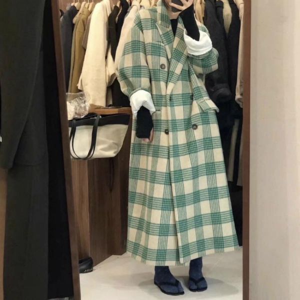 women's wool & blends women winter green plaid long coat jacket loose straight woolen overcoat double breasted cardigan outerwear, Black
women's wool & blends women winter green plaid long coat jacket loose straight woolen overcoat double breasted cardigan outerwear, Black