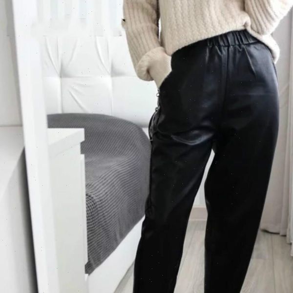 autumn winter new black faux leather womens casual pants elastic waist female pu harem streetwear chic trousers plus size, Black;white
autumn winter new black faux leather womens casual pants elastic waist female pu harem streetwear chic trousers plus size, Black;white