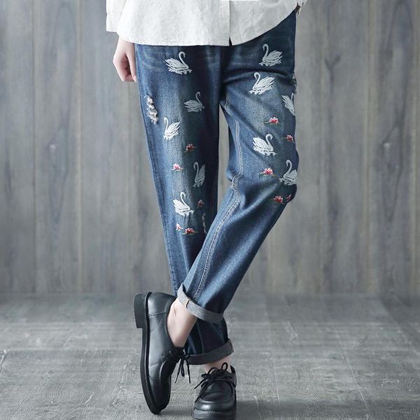 women's jeans spring summer female retro patch embroidered hole to do the old trousers elastic waist denim harem pants woman, Blue
women's jeans spring summer female retro patch embroidered hole to do the old trousers elastic waist denim harem pants woman, Blue