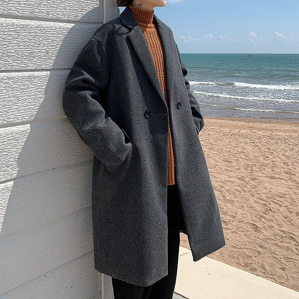men's wool & blends woolen coat mid-length solid color loose windbreaker top, Black
men's wool & blends woolen coat mid-length solid color loose windbreaker top, Black