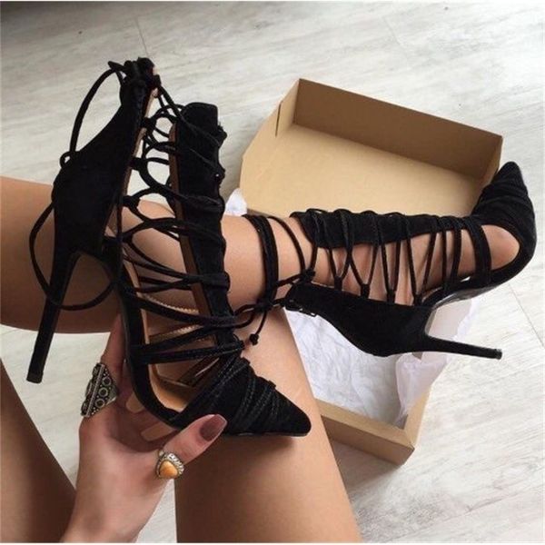 fashion black suede leather pointed toe cross tied lace up thin high heel ankle boots women cut-out braided shoes stiletto heels y200111
fashion black suede leather pointed toe cross tied lace up thin high heel ankle boots women cut-out braided shoes stiletto heels y200111