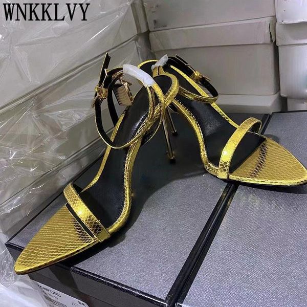 gold pointed toe high heel sandals women real leather narrow band metal lock decor ankle strap sandalias summer party shoes, Black
gold pointed toe high heel sandals women real leather narrow band metal lock decor ankle strap sandalias summer party shoes, Black