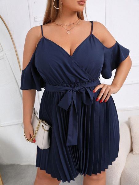 plus cold shoulder pleated belted dress u5ki#, Black 
plus cold shoulder pleated belted dress u5ki#, Black