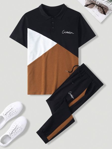 men letter graphic colorblock polo shirt & contrast side seam sweatpants b4mx#, Gray
men letter graphic colorblock polo shirt & contrast side seam sweatpants b4mx#, Gray