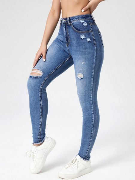 ripped raw hem skinny jeans z6bf#, Blue