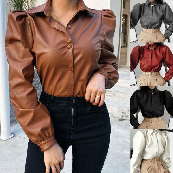 women's blouses & shirts fashion women pu leather puff long sleeve t shirt ladies casual button down blouse, White
women's blouses & shirts fashion women pu leather puff long sleeve t shirt ladies casual button down blouse, White
