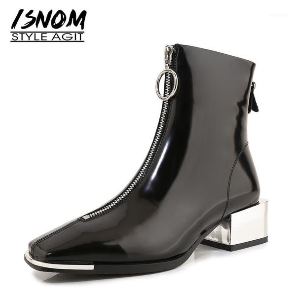 isnom patent leather ankle boots women front zipper metal square toe chunky heels short booties fashion woman shoes 20201, Black
isnom patent leather ankle boots women front zipper metal square toe chunky heels short booties fashion woman shoes 20201, Black
