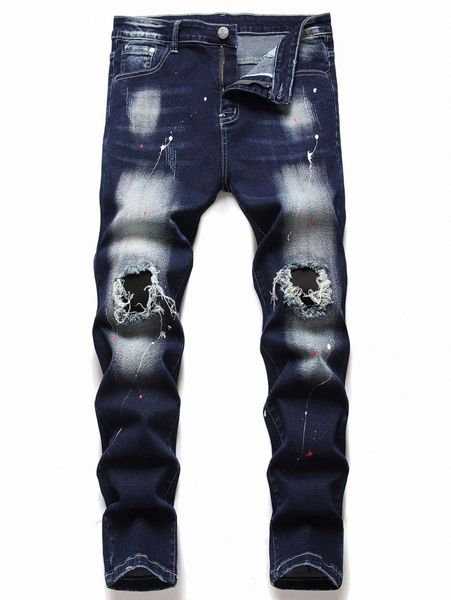 men ripped splatter print jeans o15y#, Blue
men ripped splatter print jeans o15y#, Blue