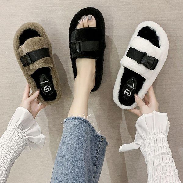 

shoes women slippers casual fur flip flops pantofle flock platform slides soft luxury plush massage 2020 flat, Black