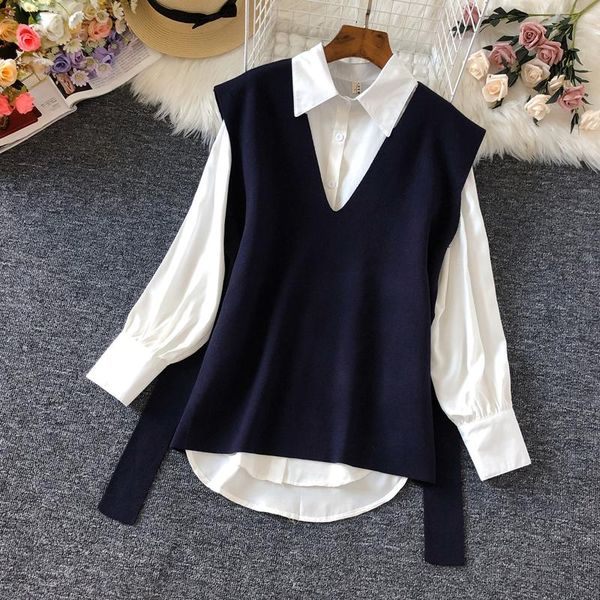 deat 2020 autumn women new fashion lapel long sleeve single breasted shirt lace up knitted vest casual two piece set rc981, White
deat 2020 autumn women new fashion lapel long sleeve single breasted shirt lace up knitted vest casual two piece set rc981, White