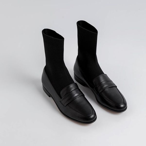 boots women's genuine leather stretch knitting patchwork slip-on flats autumn ankle leisure soft comfortable short booties shoes, Black
boots women's genuine leather stretch knitting patchwork slip-on flats autumn ankle leisure soft comfortable short booties shoes, Black