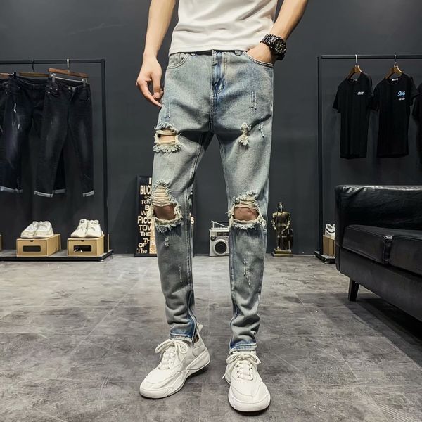 gaojie guochao pants: fashionable, scraped, beggars, slim, small feet, holes, jeans, men's fashion brand, Blue
gaojie guochao pants: fashionable, scraped, beggars, slim, small feet, holes, jeans, men's fashion brand, Blue