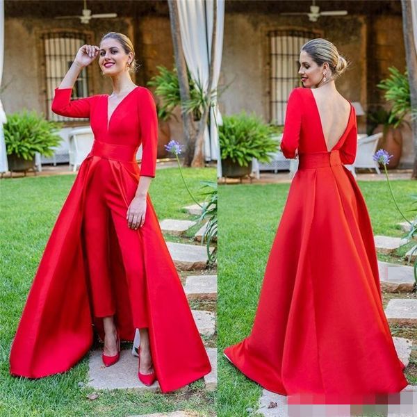 elegant custom red jumpsuits evening dresses 2021 with 3/4 long sleeves v neck backless sweep train formal prom party gowns pants, Black;red
elegant custom red jumpsuits evening dresses 2021 with 3/4 long sleeves v neck backless sweep train formal prom party gowns pants, Black;red