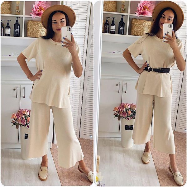 fashion knitting suit women's mid-length solid color loose split sweater + high waist lace-up trousers two-piece set, Gray
fashion knitting suit women's mid-length solid color loose split sweater + high waist lace-up trousers two-piece set, Gray