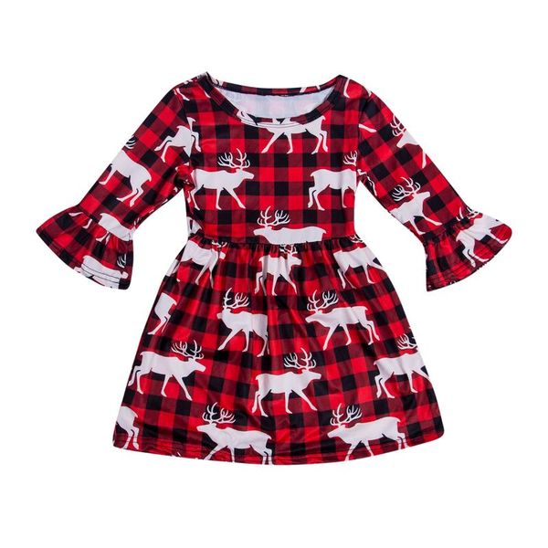 girl's dresses xmas toddler baby girls dress checked plaid christmas deer tutu clothes size 3-9t, Red;yellow