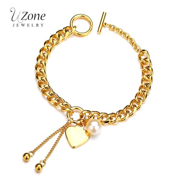link, chain uzone luxury simulated pearl heart bracelet 316l gold stainless steel beads tassels charm for women pulsera armband, Black
link, chain uzone luxury simulated pearl heart bracelet 316l gold stainless steel beads tassels charm for women pulsera armband, Black