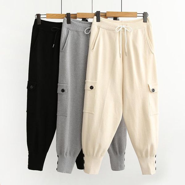 women autumn winter casual brief loose button cargo pants, Black;white
women autumn winter casual brief loose button cargo pants, Black;white