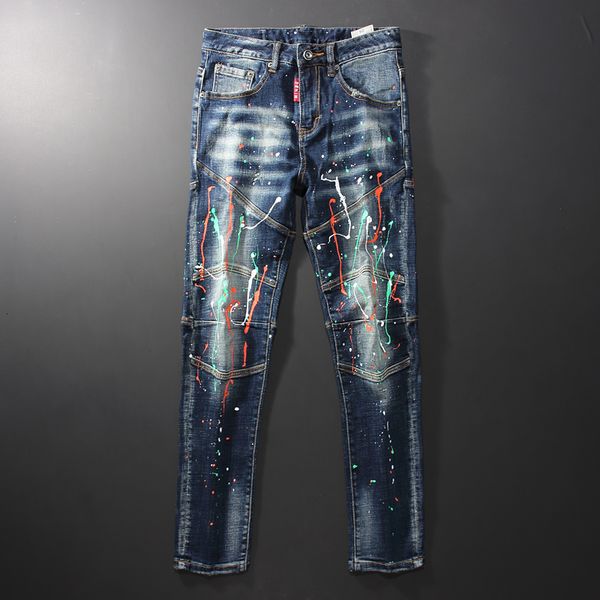 2021 new american streetwear fashion men retro black blue spliced designer biker jeans homme elastic painted hip hop pencil pants v84r
2021 new american streetwear fashion men retro black blue spliced designer biker jeans homme elastic painted hip hop pencil pants v84r