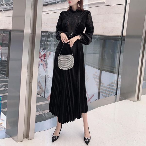 long dress designer autumn new women's fashion vintage casual crystal appliques belt slim lace stitching black velvet dresses, Black;gray
long dress designer autumn new women's fashion vintage casual crystal appliques belt slim lace stitching black velvet dresses, Black;gray